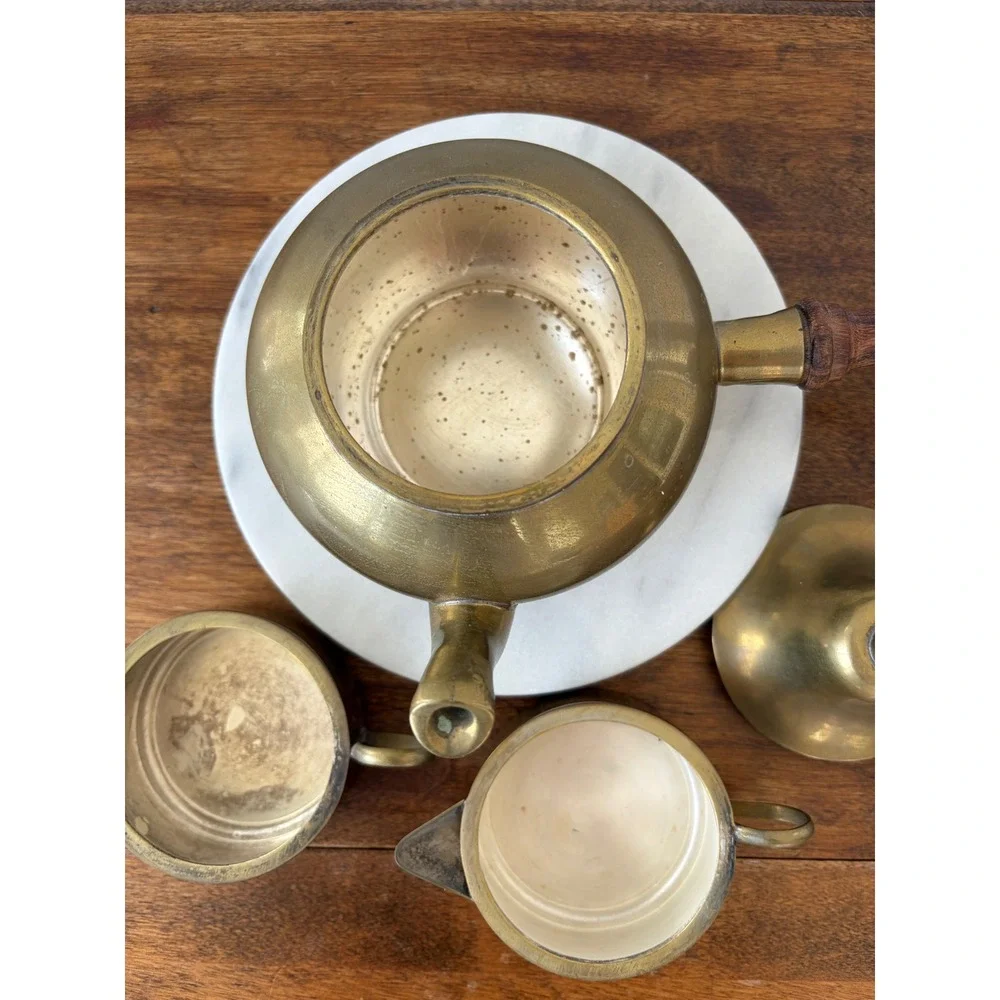 Vintage Brass Stacking Tea Set 3 Tier Teapot Creamer Sugar Wood Handle 8 Inch